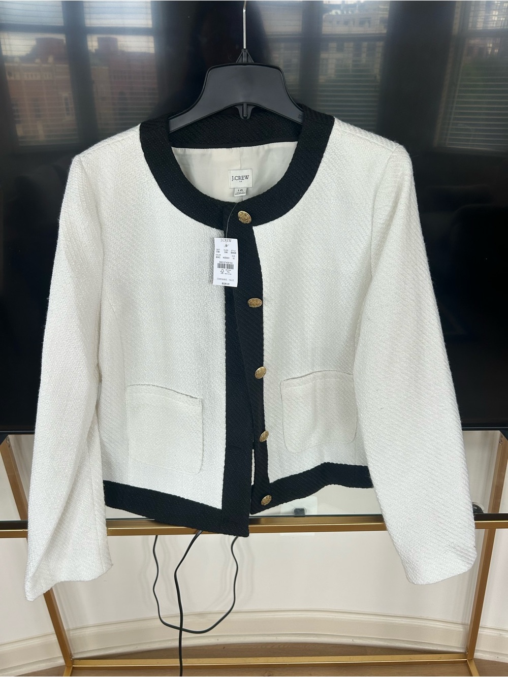 J. Crew White Tweed Jacket with Black Trim and Gold Buttons